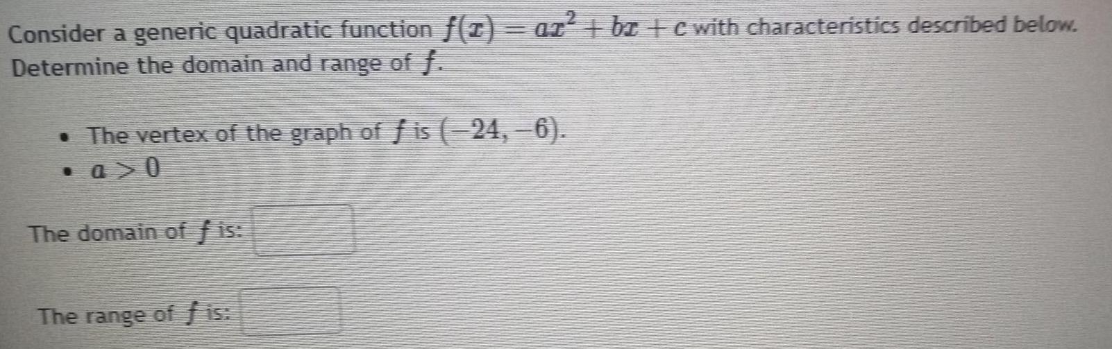 characteristics described below Determine the domain and range of f The vertex