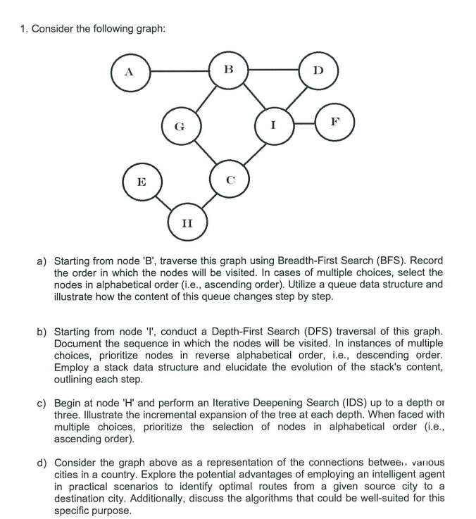  1. Consider the following graph: a) Starting from node 'B', traverse