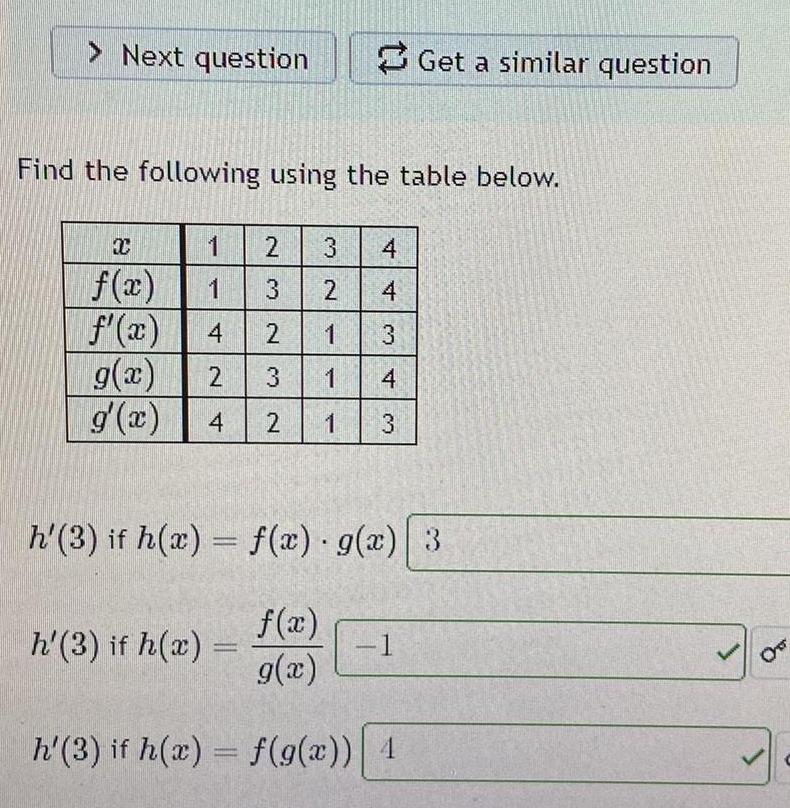  Next question Find the following using the table below X 1