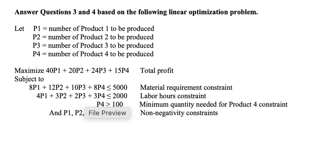  s 3 and 4 based on the following linear optimization problem.