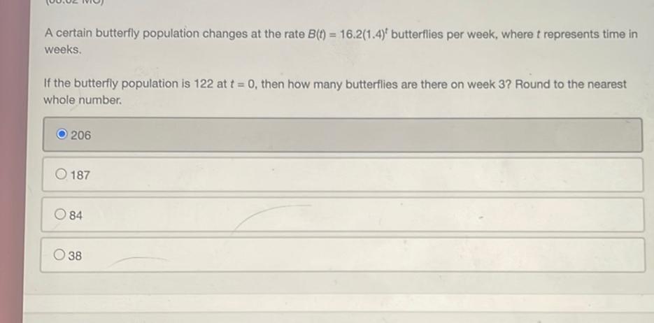 butterflies per week, where t represents time in weeks. If the butterfly