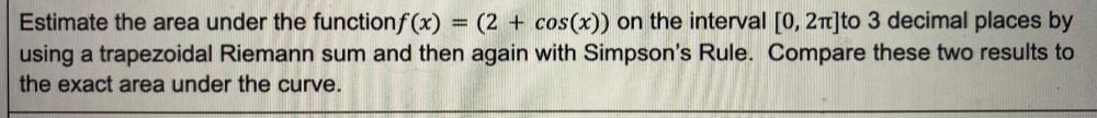 Estimate the area under the function f(x) = (2 + cos(x))