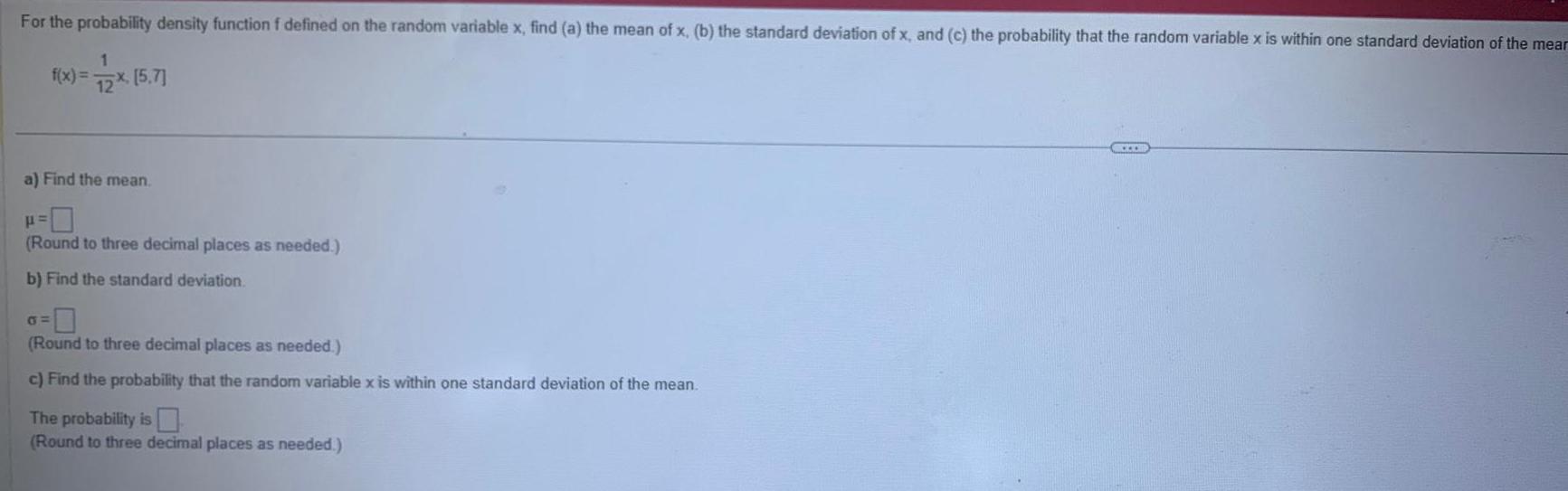 x, find (a) the mean of x, (b) the standard deviation of