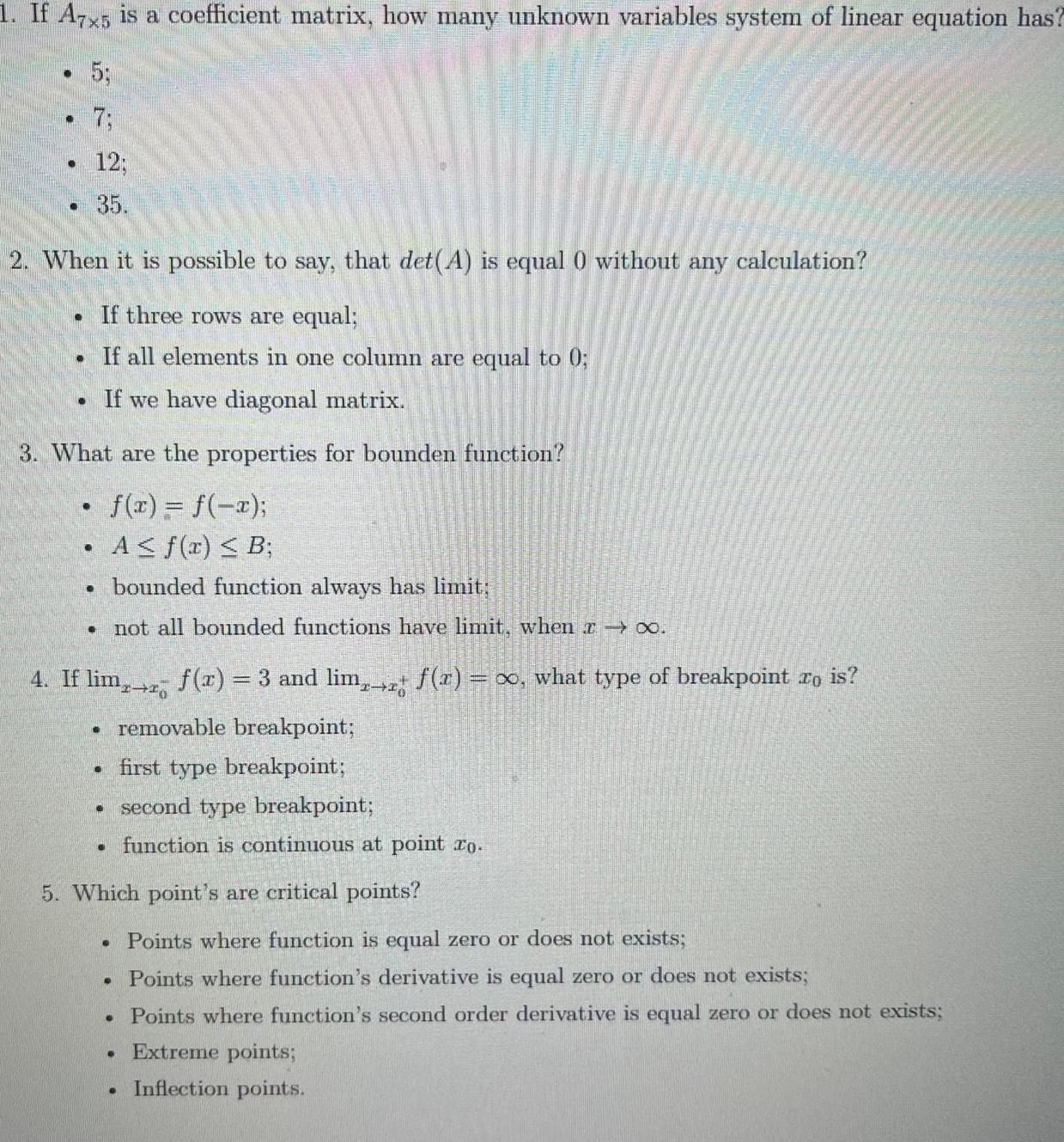 1 If A7x5 is a coefficient matrix how many unknown variables