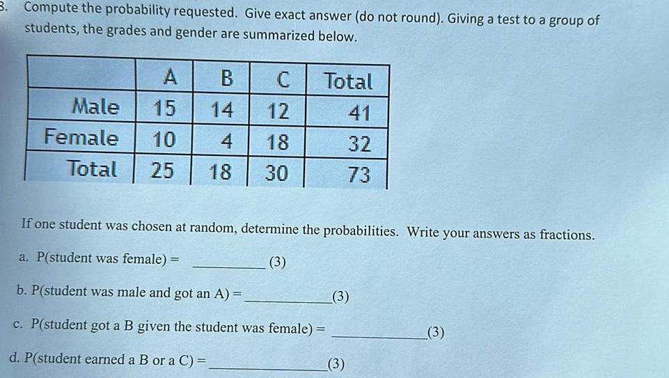 Giving a test to a group of students the grades and gender
