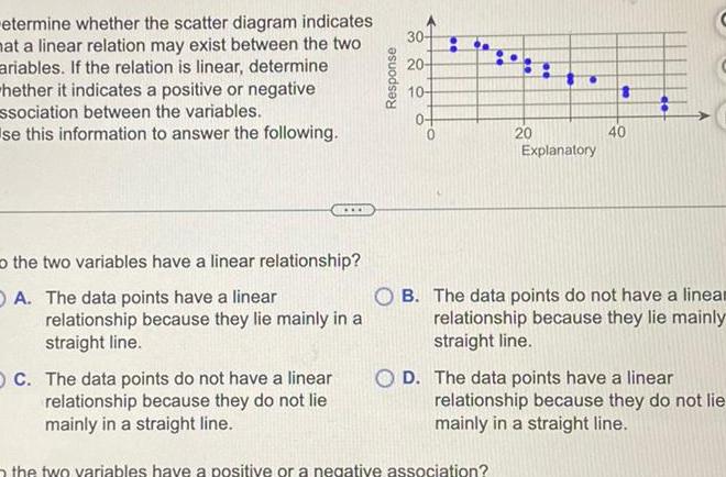 etermine whether the scatter diagram indicates mat a linear relation may