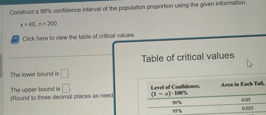given information x 40 n 200 Click here to view the table