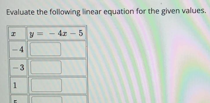 Evaluate the following linear equation for the given values.