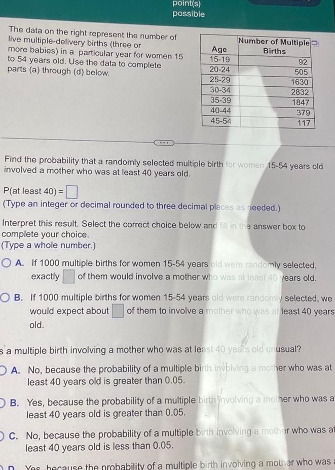 point s possible The data on the right represent the number