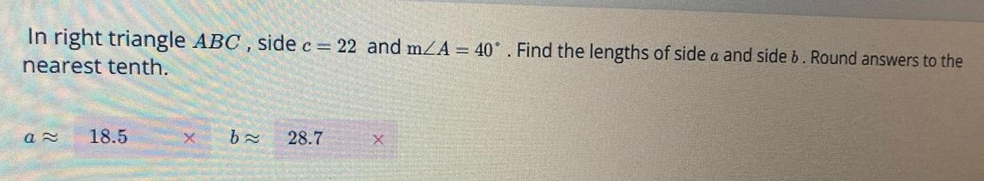  In right triangle ABC side c 22 and m A 40