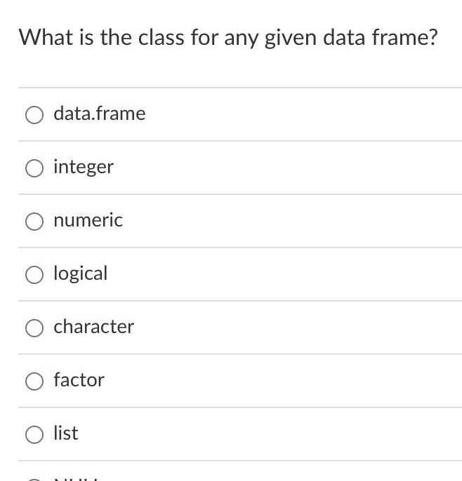 O integer O numeric O logical character factor O list
