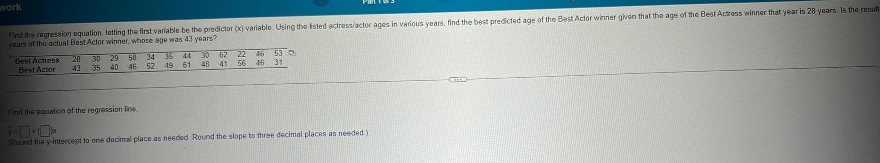 predictor x variable Using the listed actress actor ages in various years