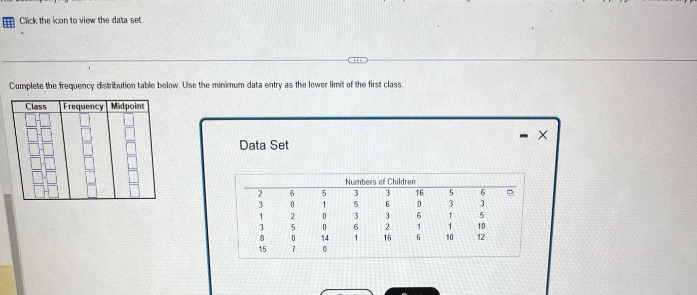 distribution table below Use the minimum data entry as the lower limit