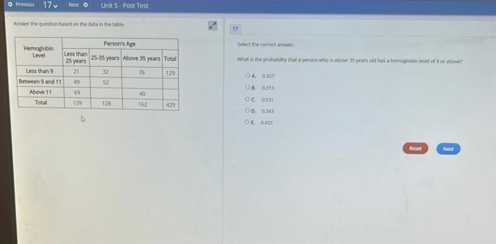  Answer the question based on the data in the table.HemoglobinLevel Less