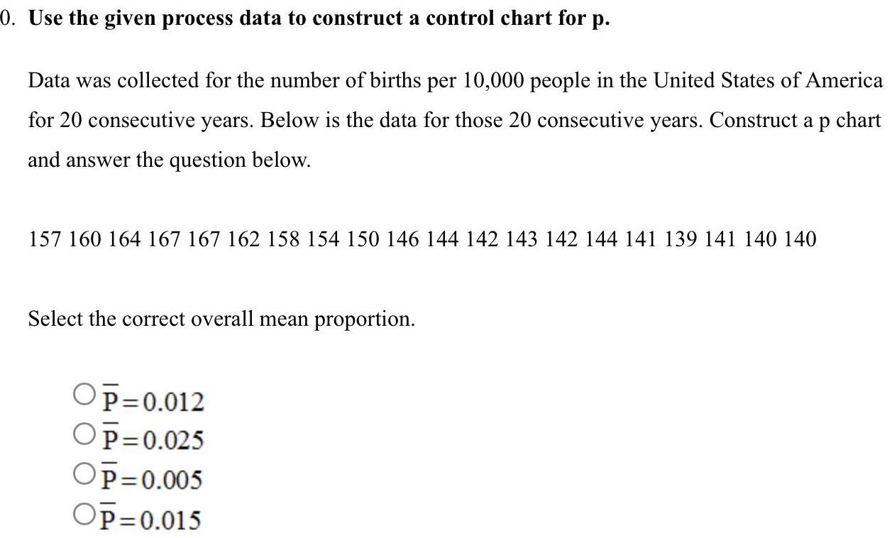 0 Use the given process data to construct a control chart