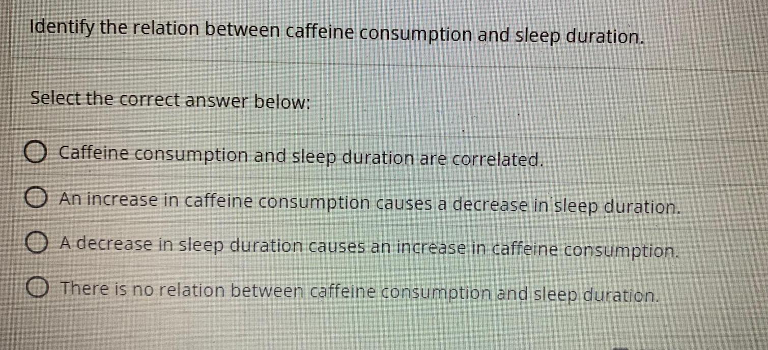  Identify the relation between caffeine consumption and sleep duration Select the