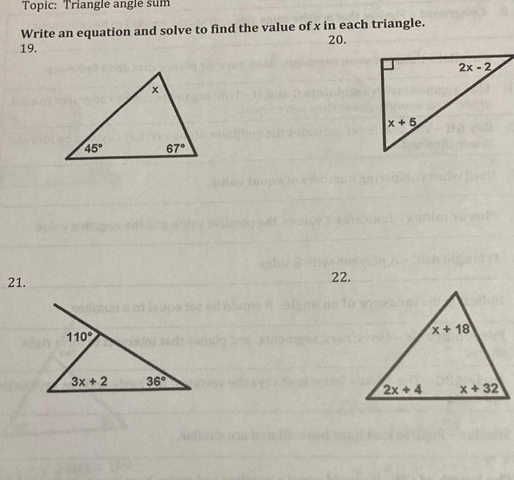  Topic Triangle angle sum Write an equation and solve to find