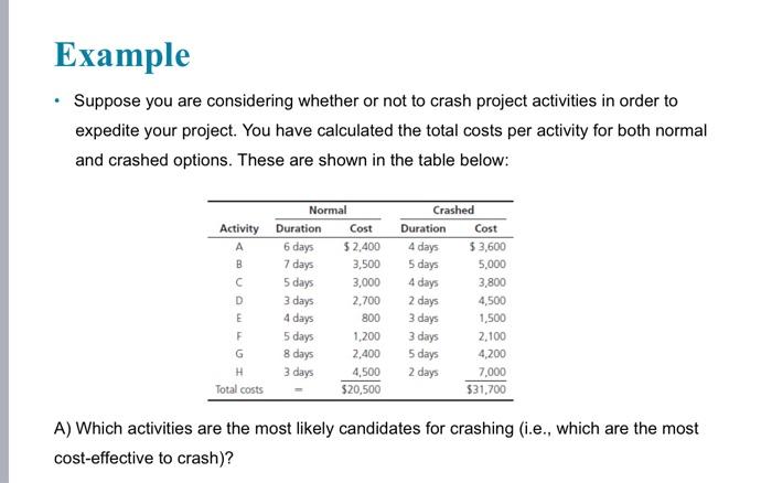  Suppose you are considering whether or not to crash project activities