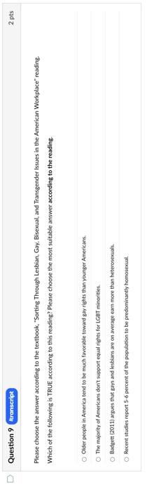 Bisexual, and Transgender Issues in the American Workplace" reading. Which of the