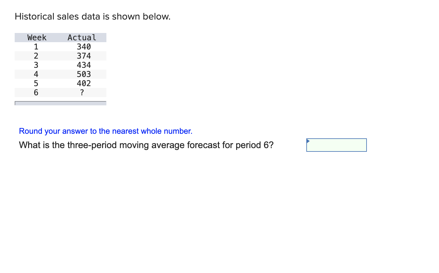 nearest whole number. What is the three-period moving average forecast for period