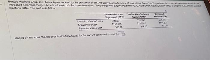  machine (DM). The cost data follow: Based on the cost, the