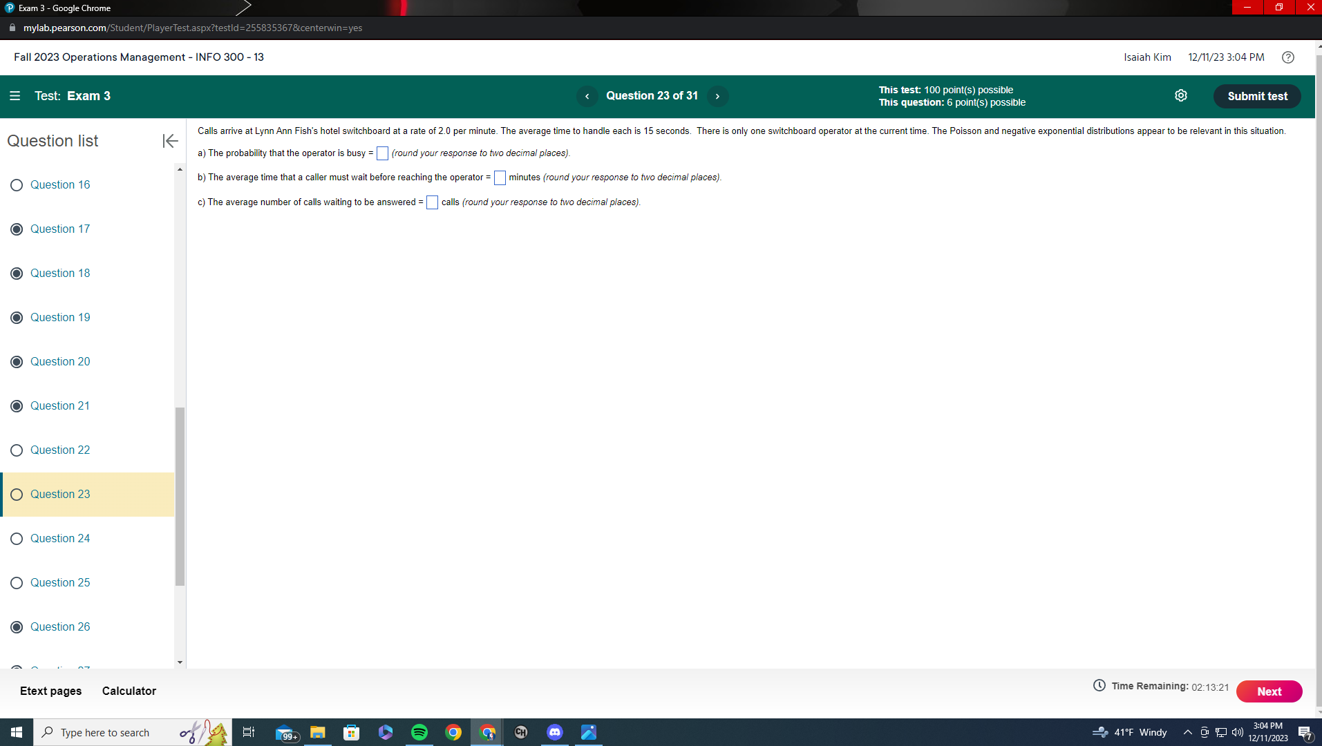 - 13 < Question 23 of 31 This test: 100 point(s) possible