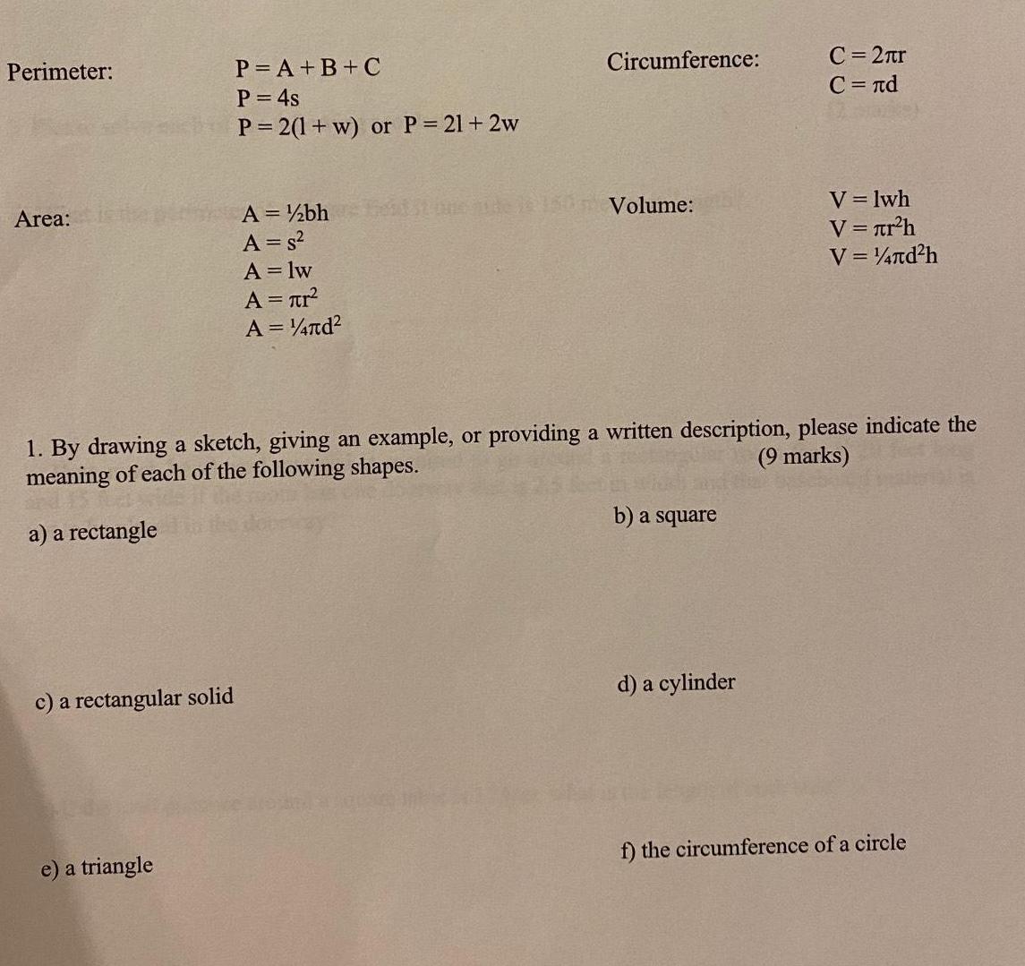  Perimeter Area c a rectangular solid P A B C P