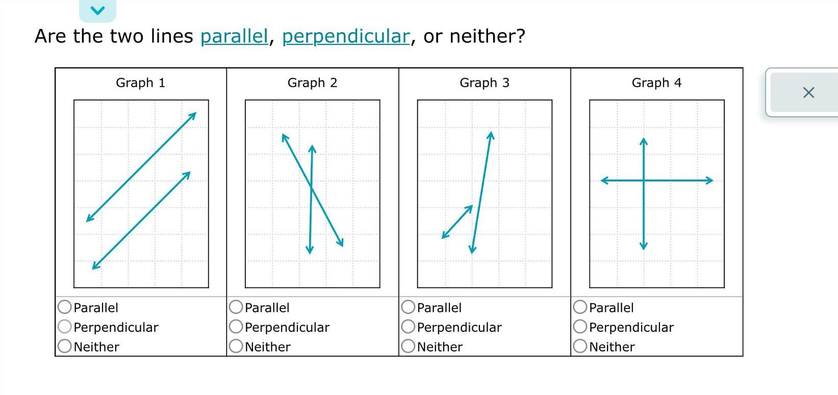 Are the two lines parallel perpendicular or neither Graph 1 Parallel