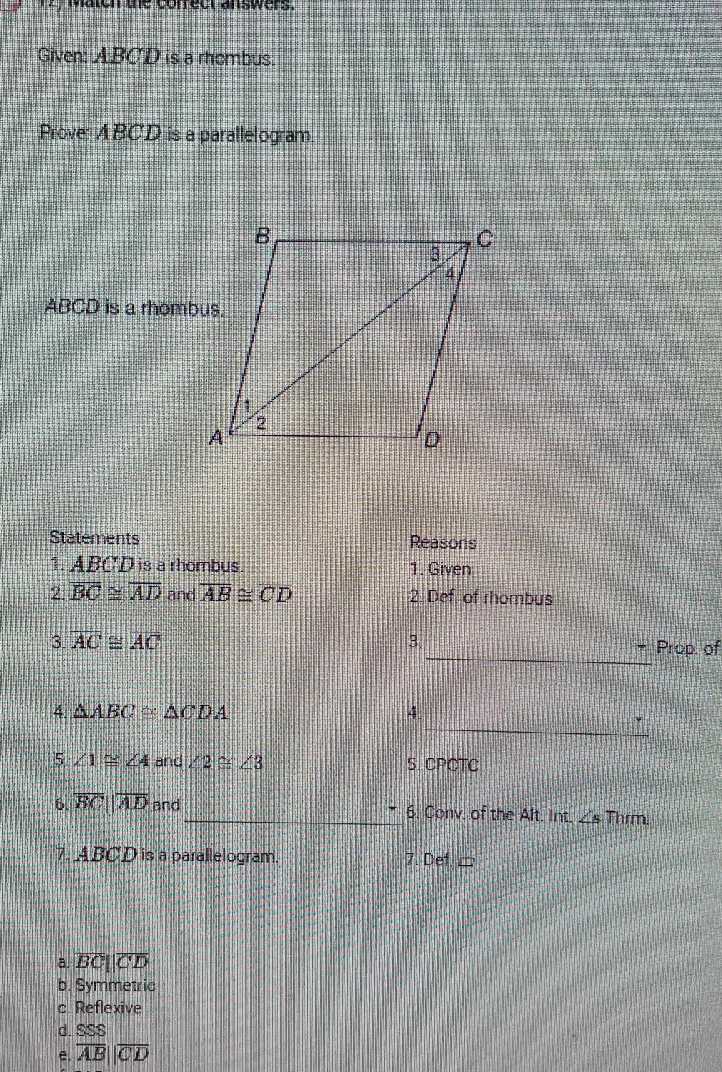  DIC CONTEC diiswers Given ABCD is a rhombus Prove ABCD is