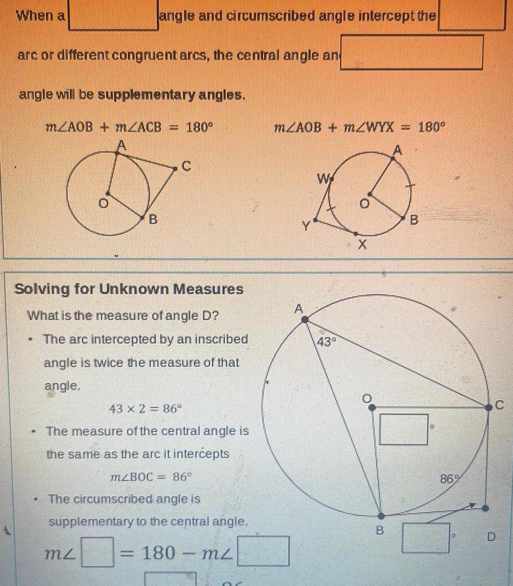 angle will be supplementary angles mAOB m2ACB 180 1 angle and circumscribed