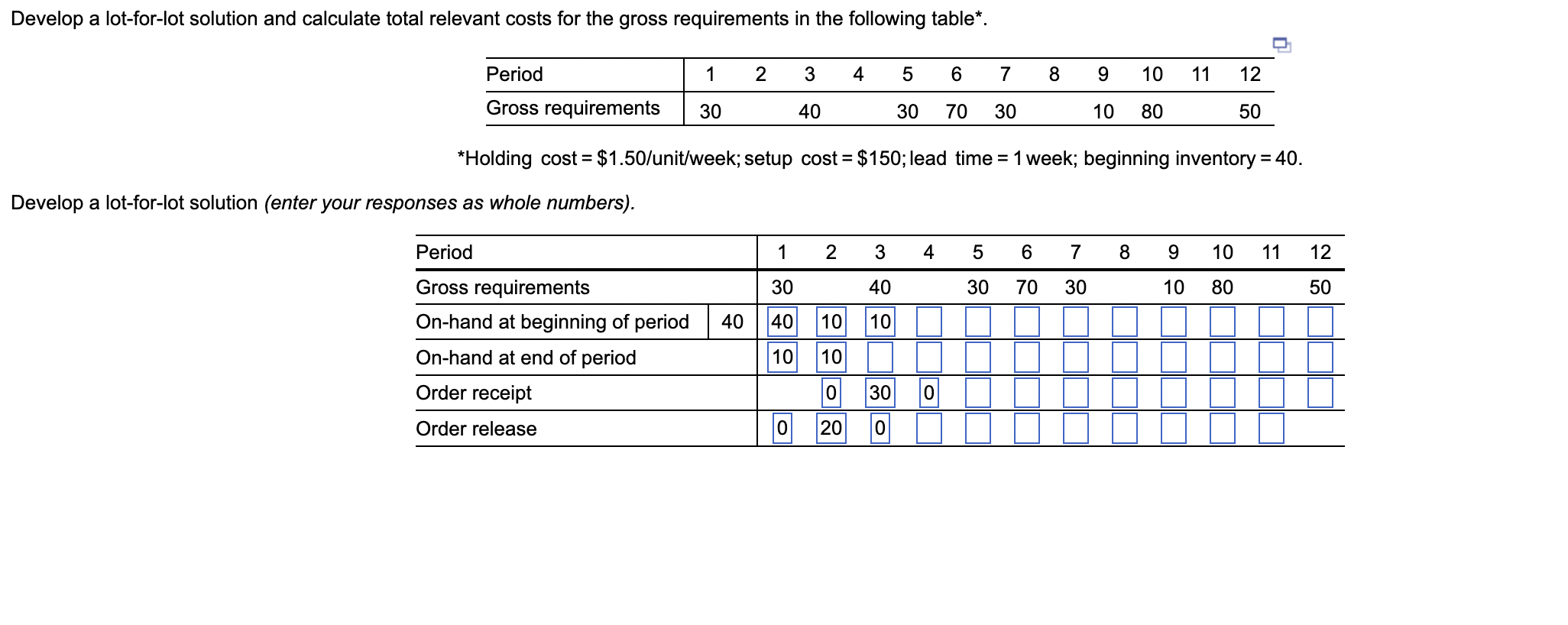 \( { }^{*} \) Holding cost \( =\$ 1.50 / \)
