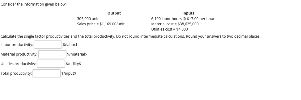  Consider the information given below. Calculate the single factor productivities and