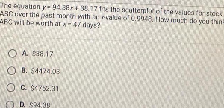 The equation y 94 38x 38 17 fits the scatterplot of