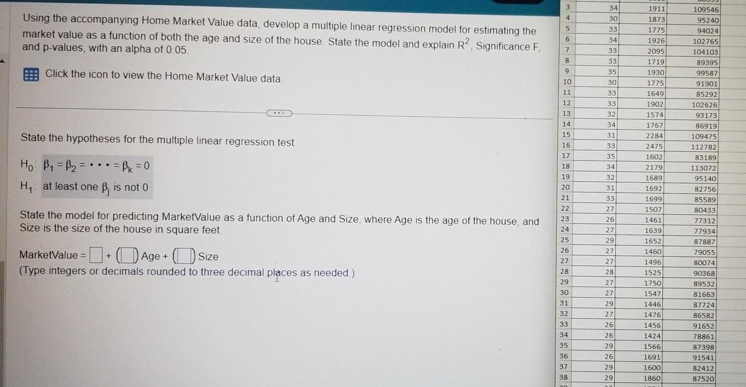 Using the accompanying Home Market Value data develop a multiple linear