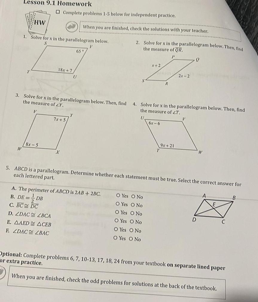 for independent practice 1 Solve for x in the parallelogram below 18x