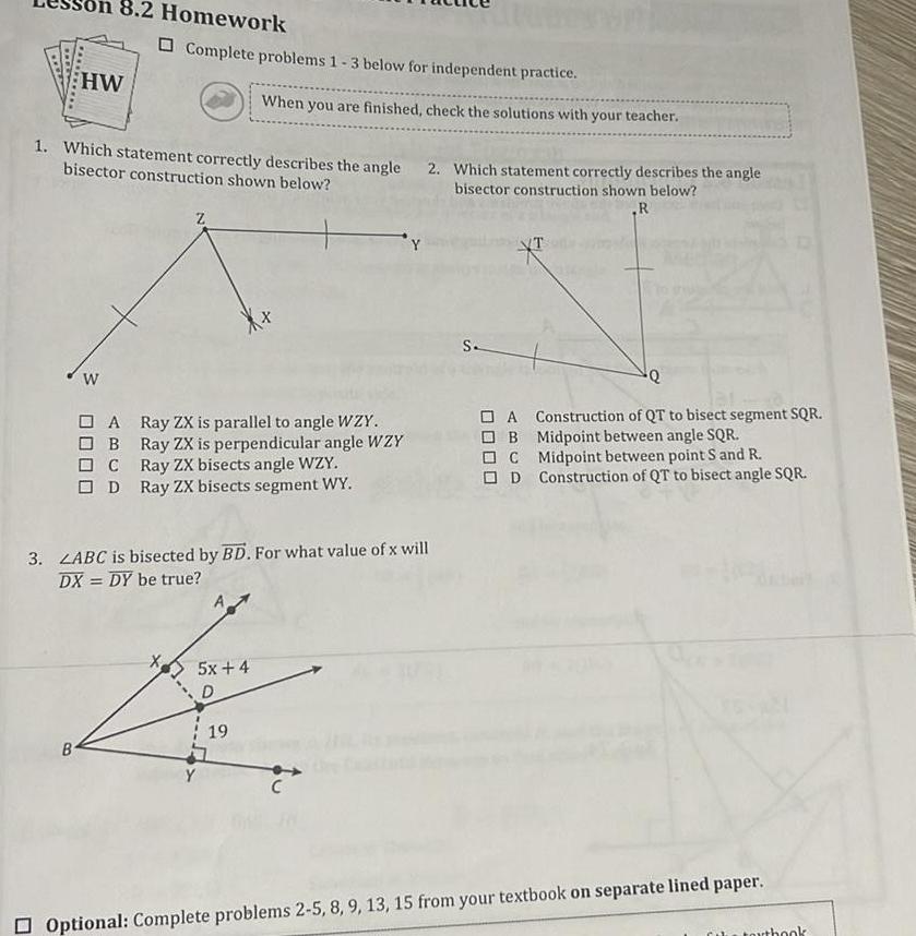 the angle bisector construction shown below Complete problems 1 3 below for