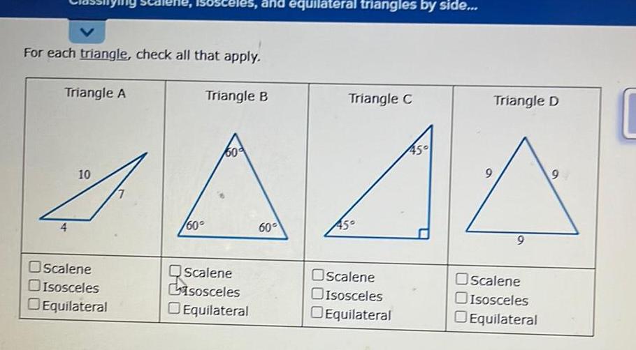 Isosceles isosceles and equilateral triangles by side Equilateral 60 Triangle B 50