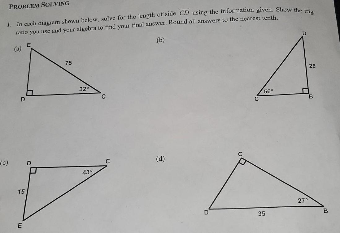 PROBLEM SOLVING 1 In each diagram shown below solve for the