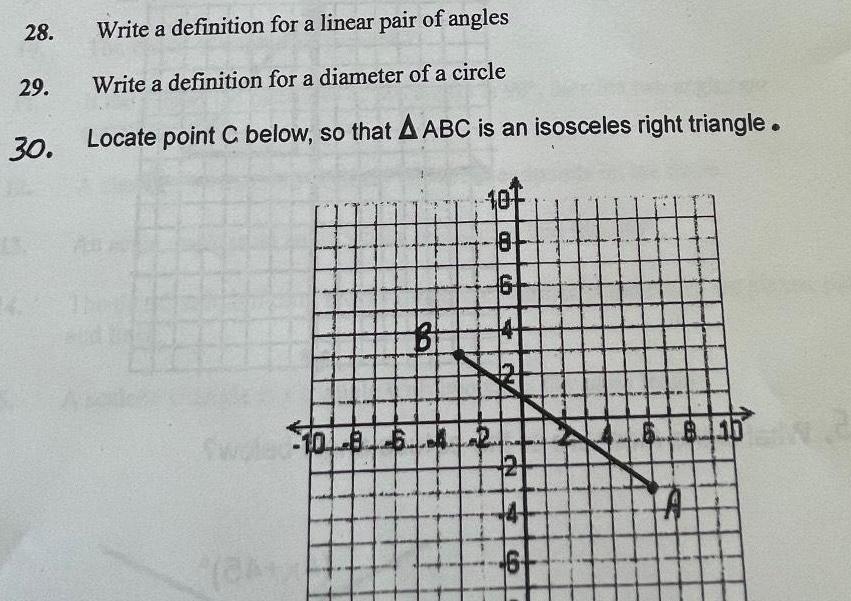  28 29 30 Write a definition for a linear pair of