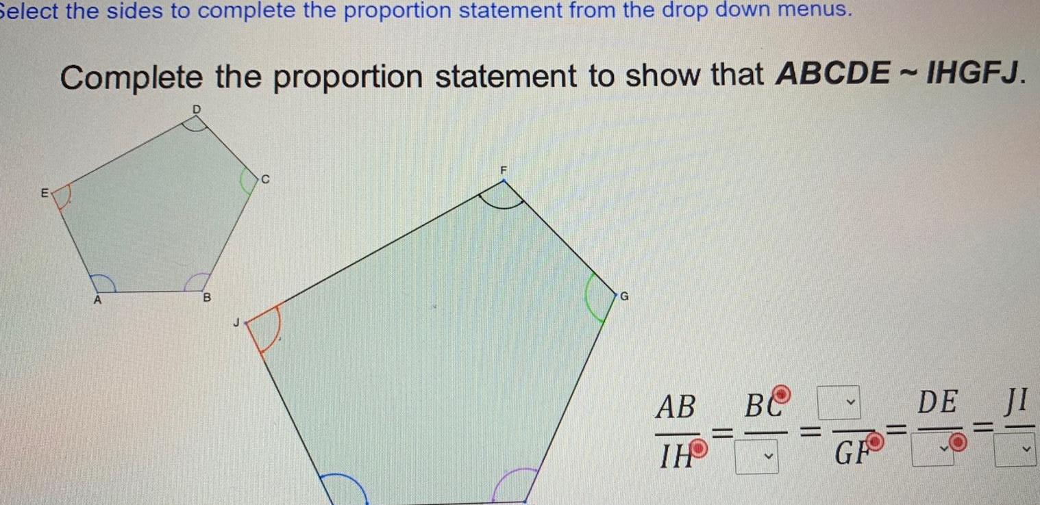  Select the sides to complete the proportion statement from the drop