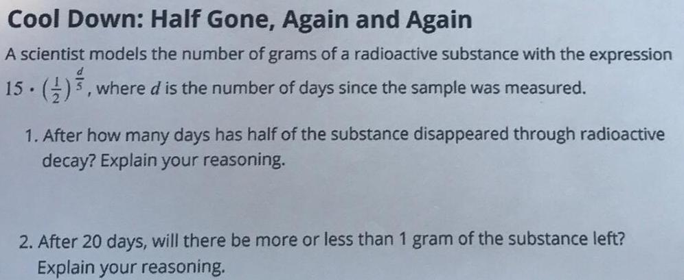 number of grams of a radioactive substance with the expression 15 where