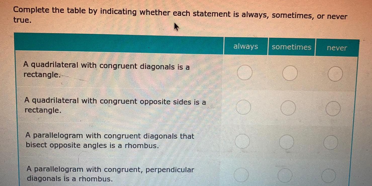 Complete the table by indicating whether each statement is always sometimes