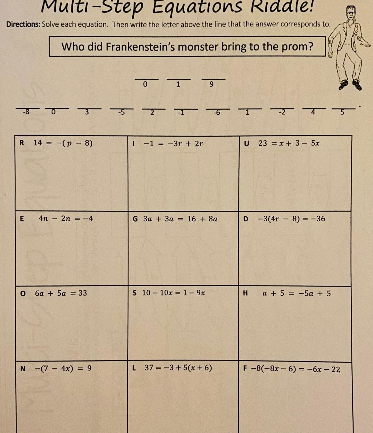 letter above the line that the answer corresponds to Who did Frankenstein