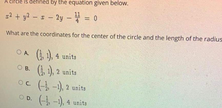 A circle is defined by the equation given below x y