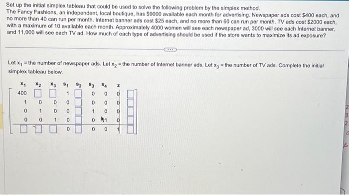 Set up the initial simplex tableau that could be used to