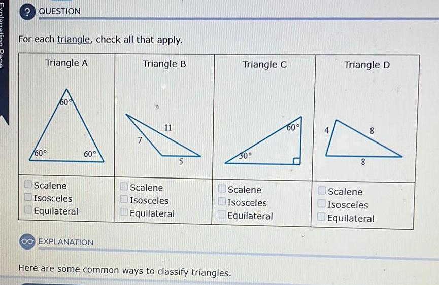 000 60d Scalene Isosceles Equilateral 60 00 EXPLANATION 7 Triangle B 11