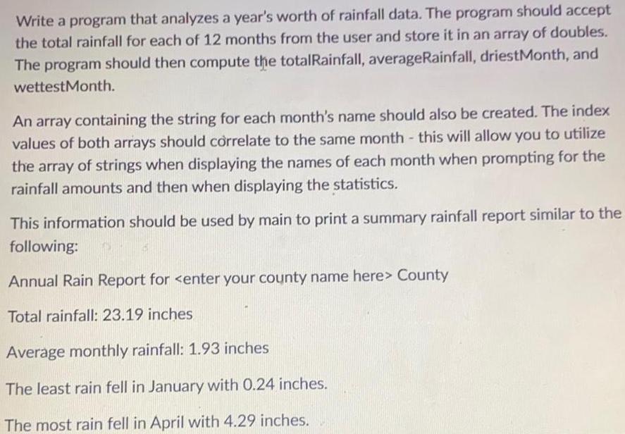 The program should accept the total rainfall for each of 12 months