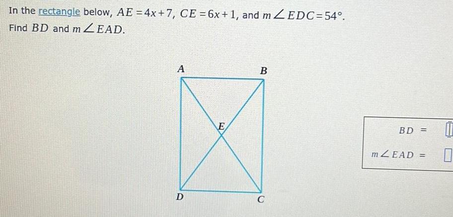 mZEDC 54 Find BD and m ZEAD A D E B C