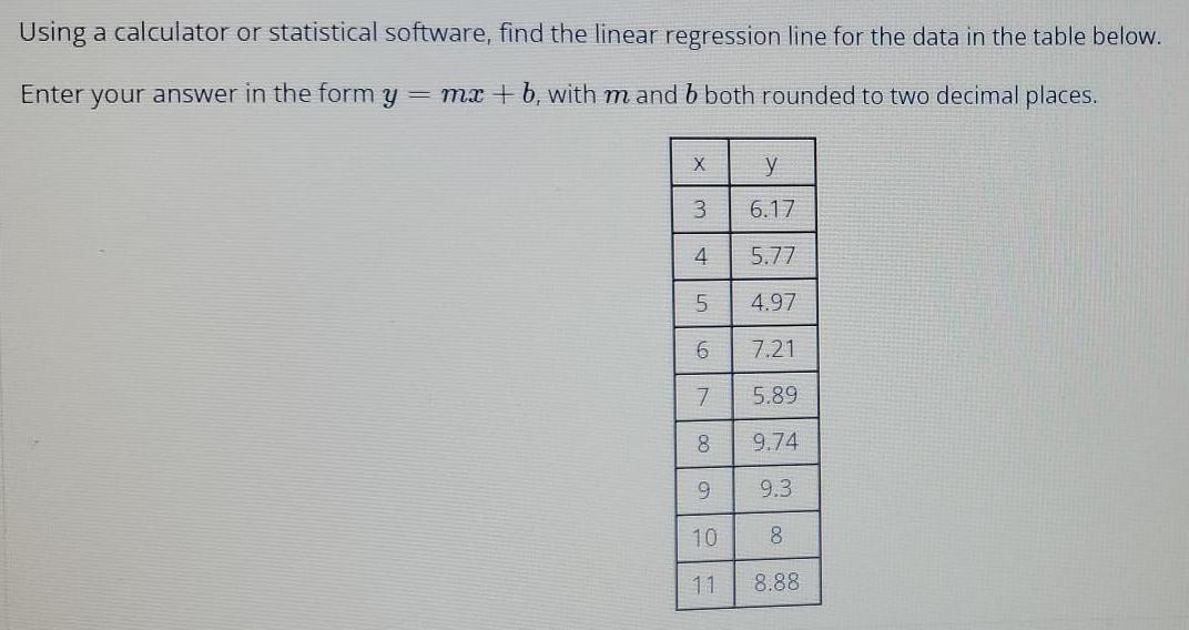 Using a calculator or statistical software, find the linear regression line