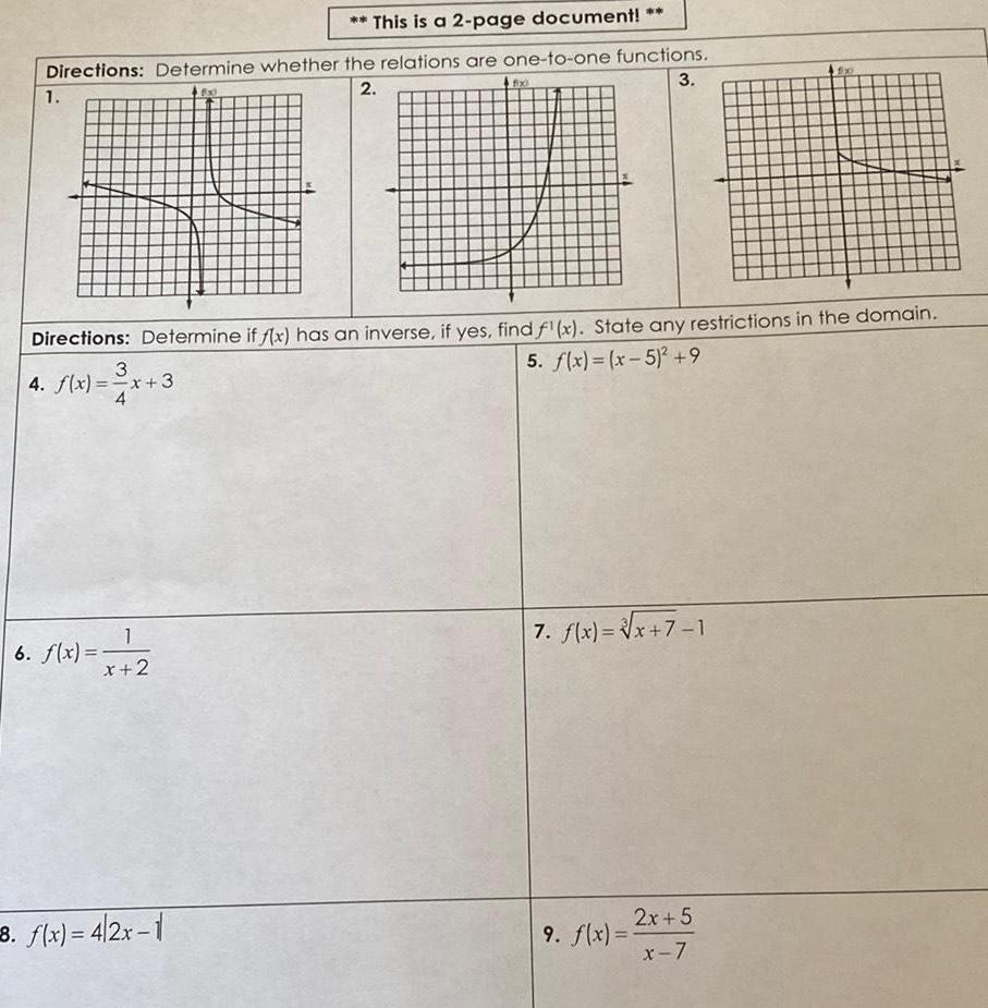 are one to one functions 3 8x0 2 1 Directions Determine if